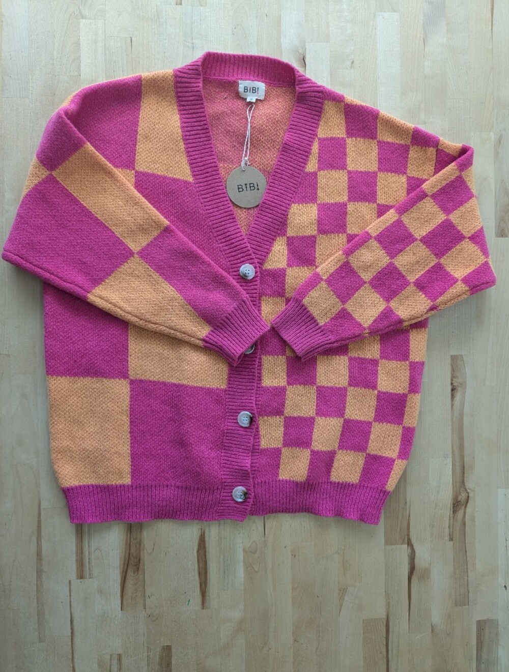 {Bibi} NEW Color Block Bright Orange And Pink Oversized Cardigan